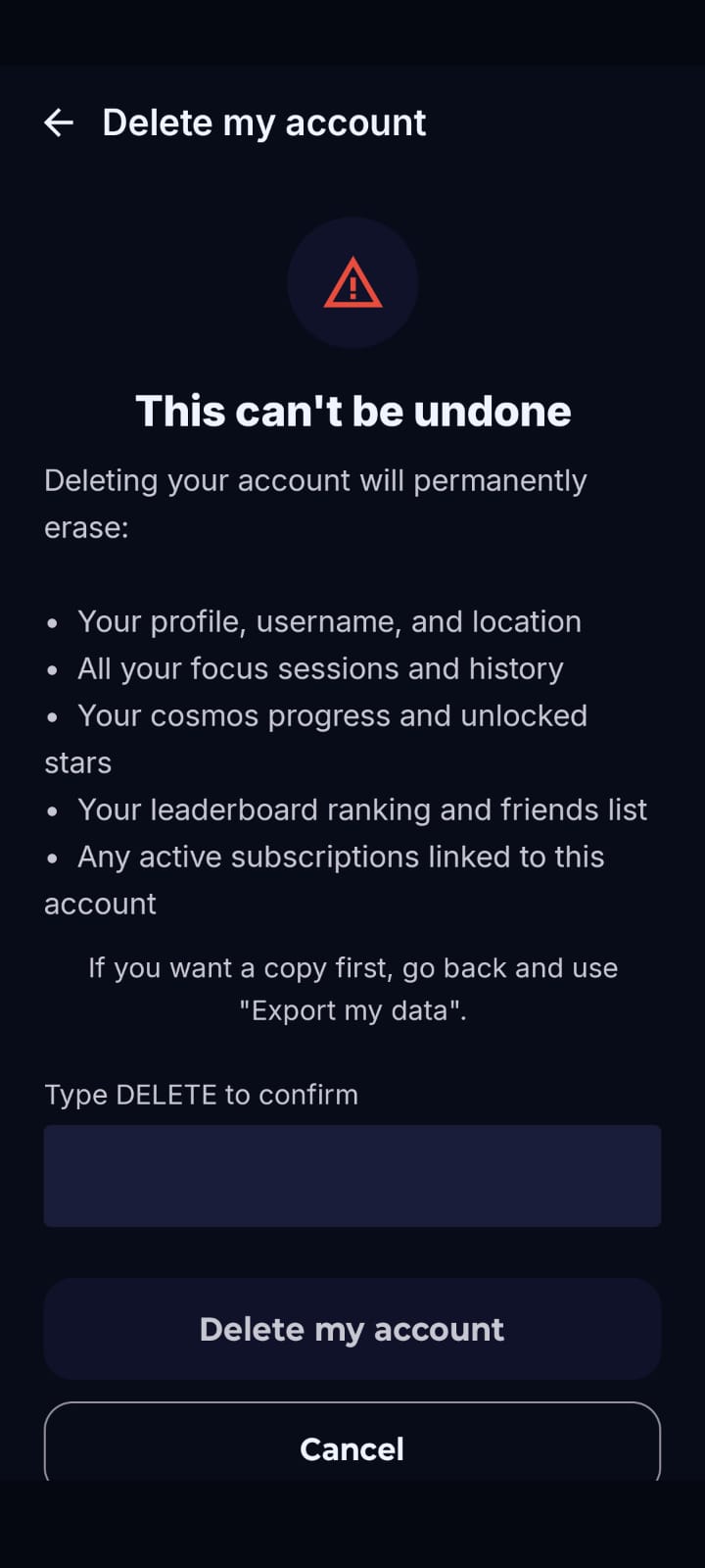 Delete Account Screen